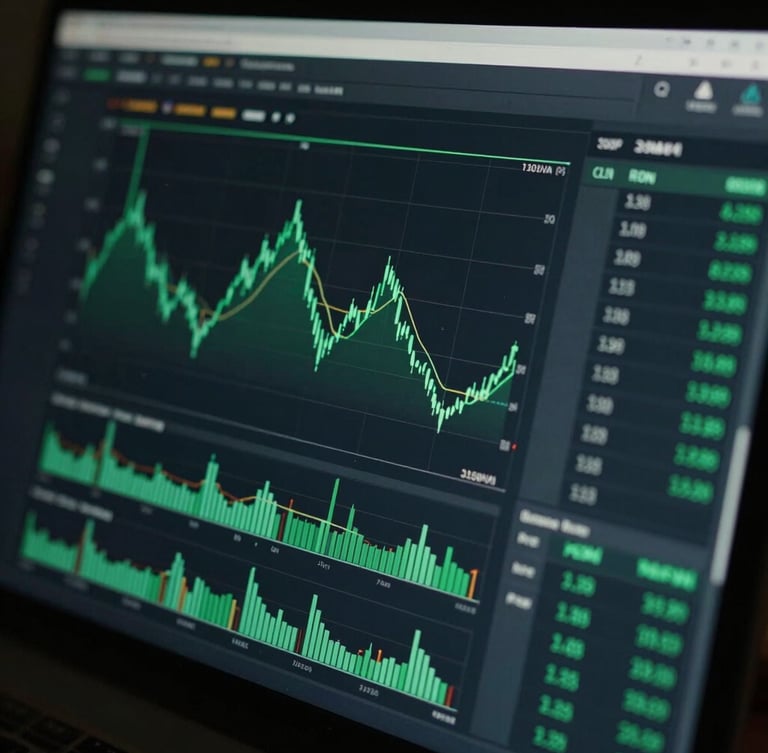 Close-up of modern financial technology interface showing clean technical charts on a dark screen, moody low-key lighting with sharp green highlights, 35mm