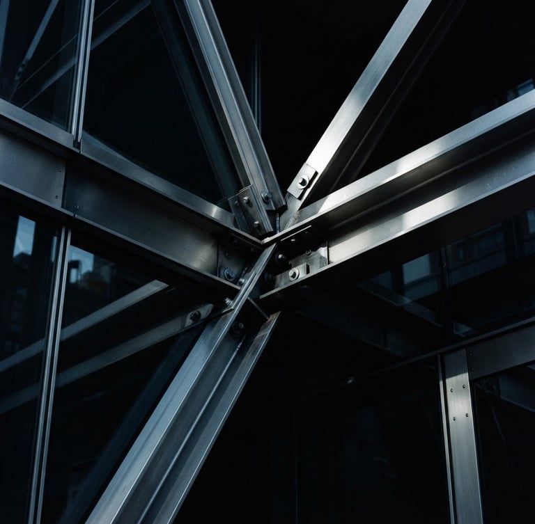 Macro detail of sharp architectural steel lines reflecting directional morning light, deep blacks and cool silver tones, dark cinematic photography, 35mm