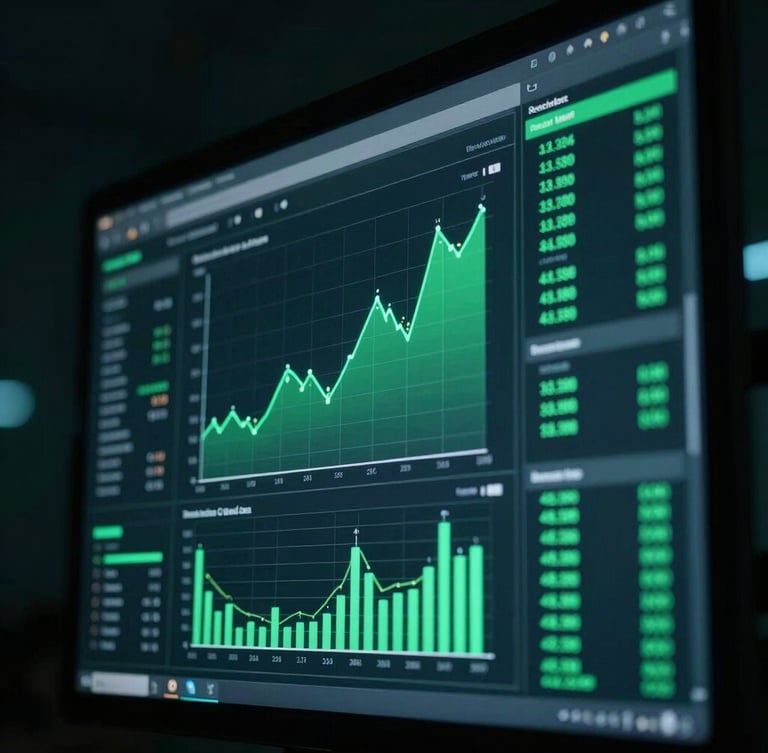 Cinematic close-up of a modern financial technology interface showing glowing green data charts, moody low-key lighting, deep shadows, 35mm