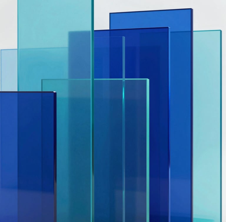 Abstract 3D rendering of layered translucent glass panels in electric indigo and cyan, representing structured corporate infrastructure, clean studio lighting.