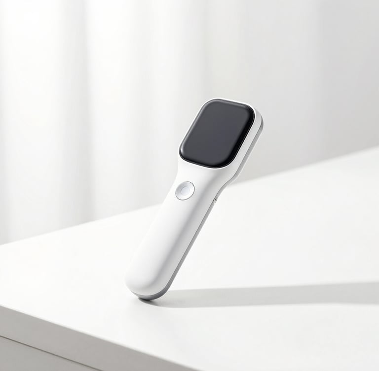 Bright high-key studio shot of a modern handheld device resting on a clean white countertop, soft natural light, sharp focus, portrait aspect