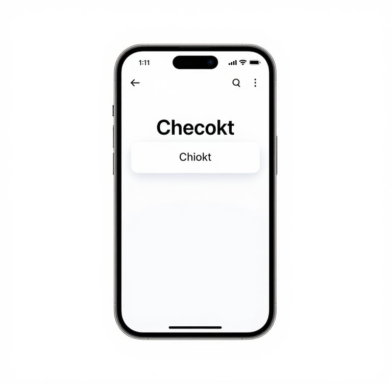 Sleek modern smartphone displaying a clean one-click checkout interface, high-key studio lighting, crisp white background, sharp focus, tech aesthetic.