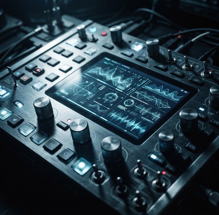Close-up of a high-end physical tech interface displaying real-time data visualizations, sharp macro shot, dramatic directional lighting, cool desaturated tones, 35mm