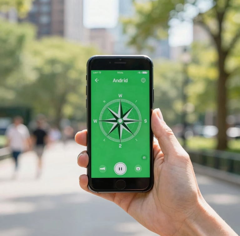 First-person perspective of a hand holding an Android phone displaying a vibrant green compass interface, blurred city park with sunlit trees in the background, bright daylight, shallow depth of field.