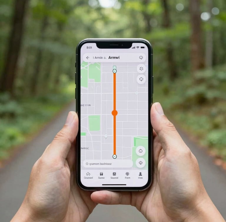 First-person perspective of a hand holding an Android phone displaying a clean map interface with a safety orange waypoint, real-world lush green forest trail softly blurred in the background, bright daylight, 35mm lens.