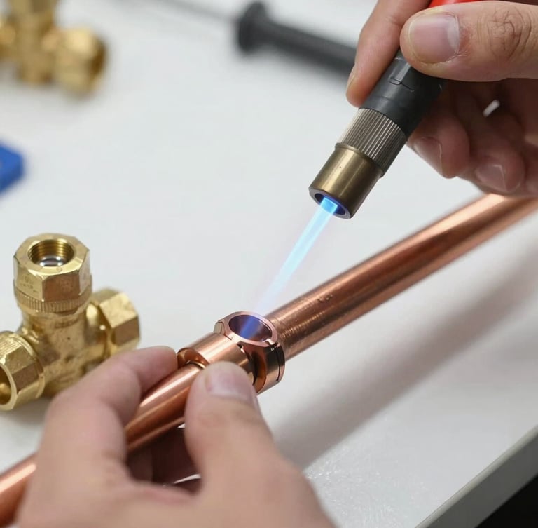Close-up macro shot of professional hands soldering a copper pipe joint with a torch, bright blue flame, brass valves nearby, crisp utility lighting.