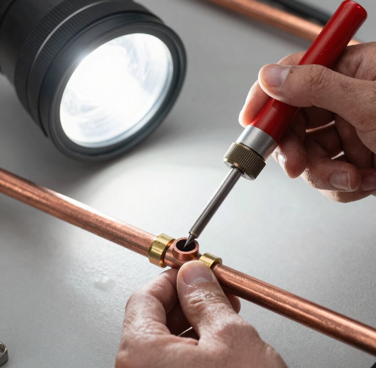 Close-up of hands soldering a copper pipe joint with a propane torch, bright work-light, high-contrast industrial tones, sharp focus, 35mm lens