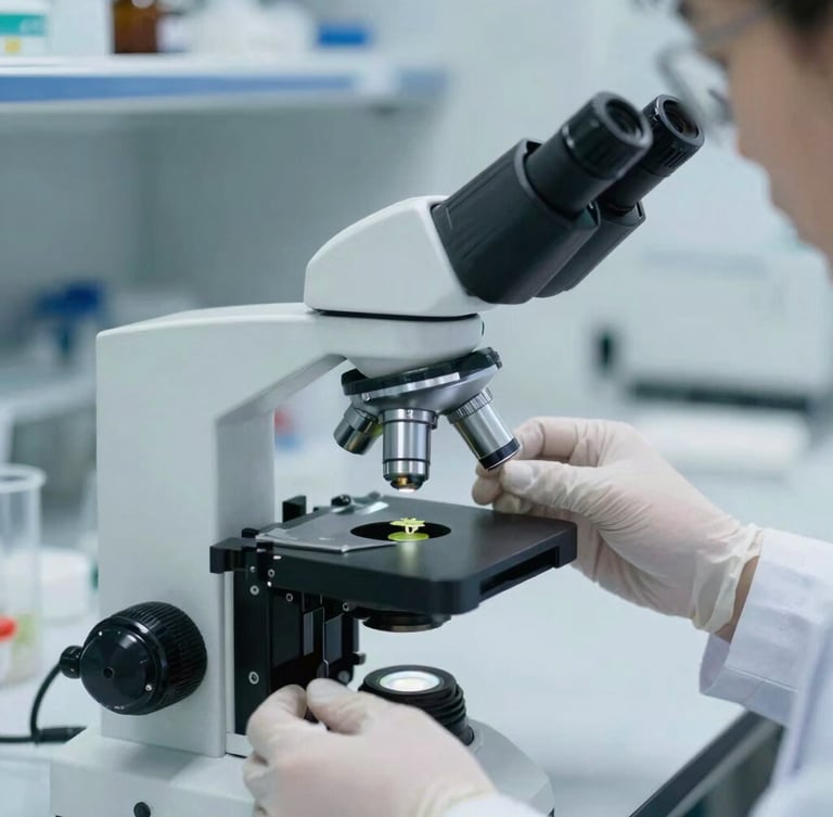 Clean laboratory setting, a researcher in a white coat analyzing plant tissue samples under a microscope, cool clinical light, high-contrast.