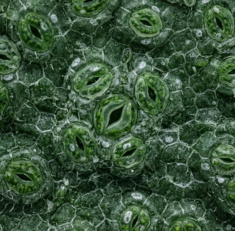 Extreme macro photography of a plant leaf surface, showing intricate cellular structure and stomata under clean laboratory light, deep botanical greens and clinical whites, high-contrast, scientific editorial style.