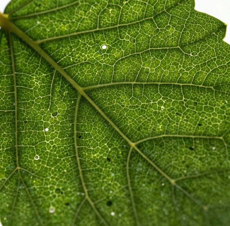Extreme macro photography of a leaf surface, showing stomata and cellular structure, under clinical laboratory light, high-contrast, deep botanical green.