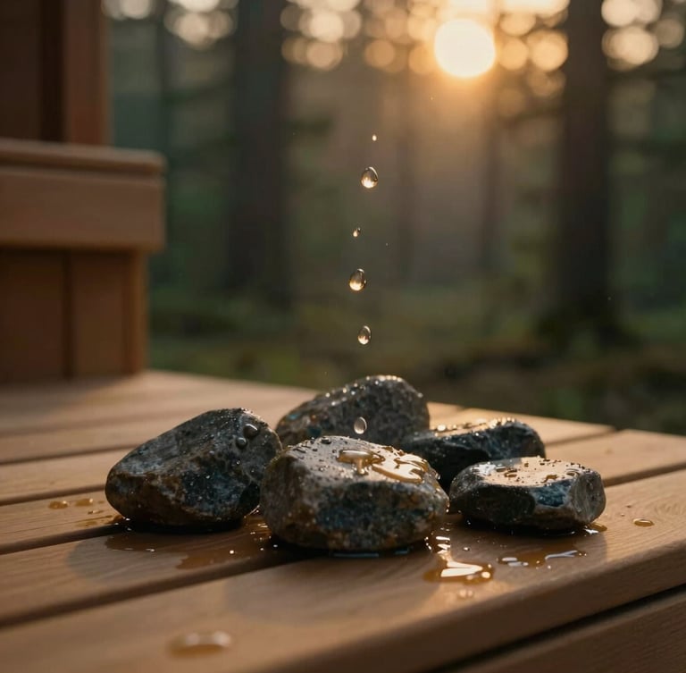 Intimate close-up of water droplets evaporating on hot sauna stones, warm glowing amber light, 35mm lens, moody atmosphere