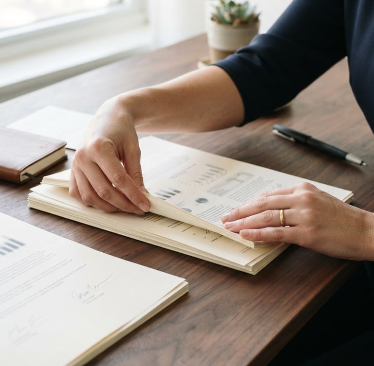Close-up of hands meticulously organizing documents on a minimalist dark wood desk, soft natural daylight, high-quality paper, fountain pen, neutral corporate tones.