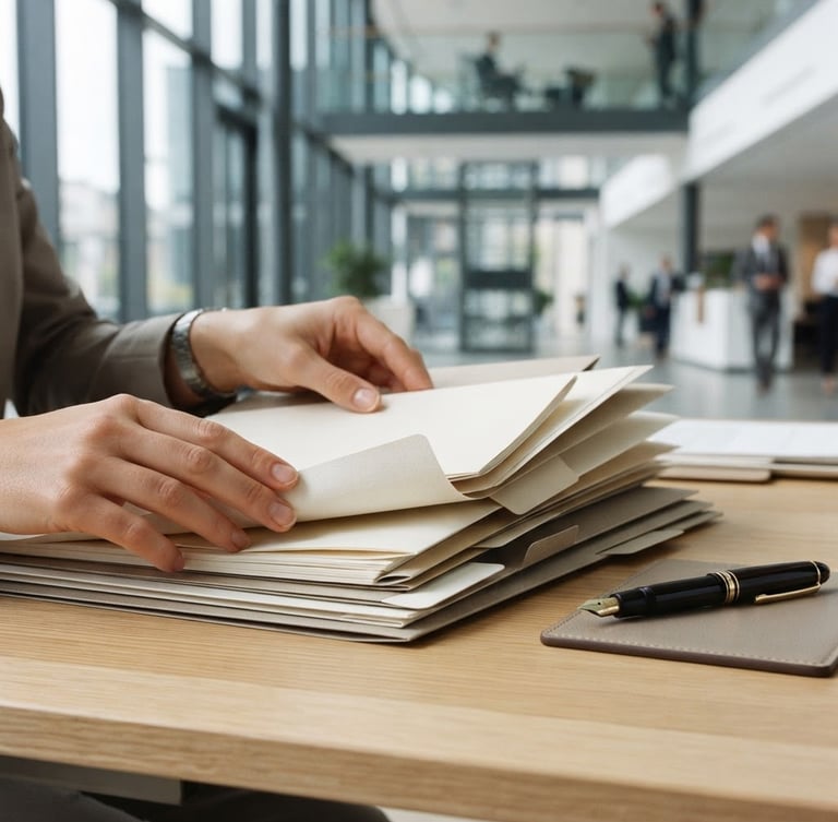 Macro close-up of hands organizing folders on a minimalist desk, high-quality paper documents, fountain pen, soft daylight, neutral corporate tones, architectural details of a modern office, 35mm.