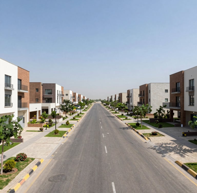 Wide-angle architectural photograph of a modern, clean residential streetscape in DHA Islamabad, showing well-maintained homes and green spaces under clear midday sun, realistic color palette, sharp focus.