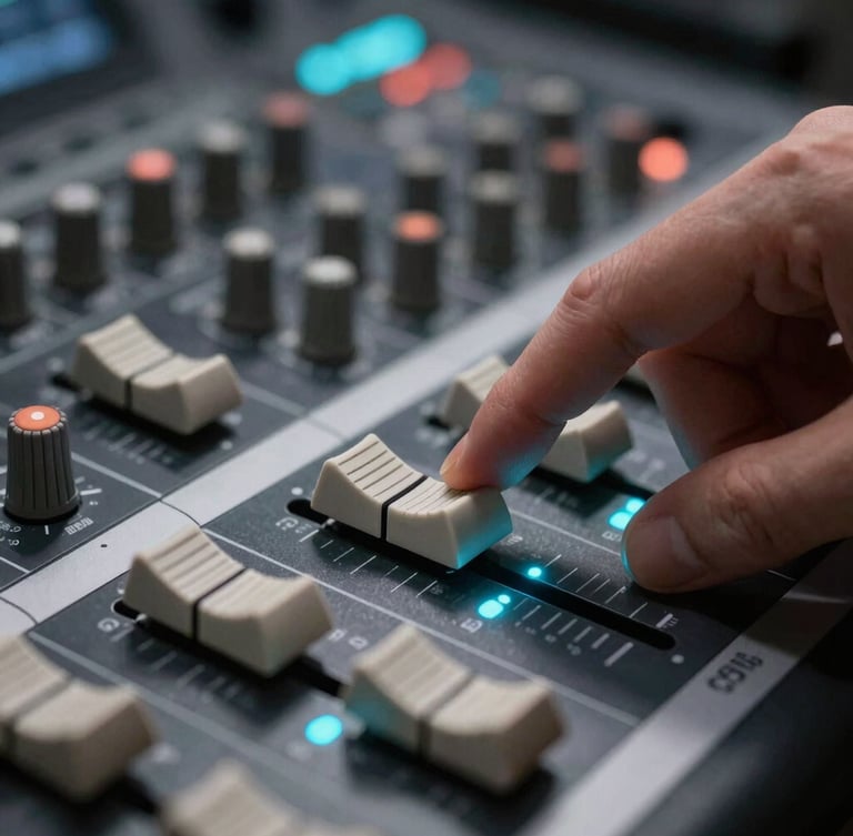 Macro close-up of a high-end sound mixing console, fingers adjusting a physical slider, glowing cyan LED level indicators, dark professional studio atmosphere