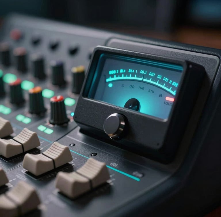 Macro close-up of a high-end studio audio mixing console with illuminated electric-cyan level meters, sharp focus on a physical dial, dark moody studio background with subtle cyan rim lighting.
