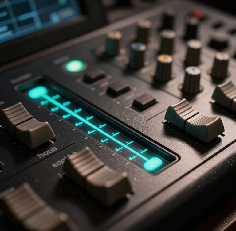 Macro close-up of a professional studio audio console, glowing electric-cyan LED volume indicators, dark brushed metal texture, low-key dramatic studio lighting, shallow depth of field.