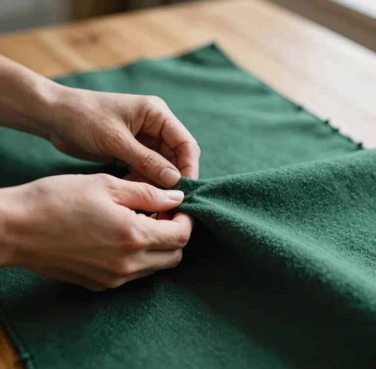 Close-up macro shot of hands carefully measuring deep forest green cotton fabric on a clean wooden table, soft warm afternoon light, shallow depth of field, tactile texture visible.