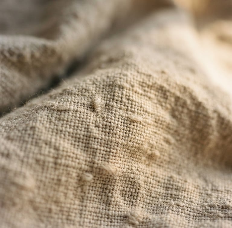 Close-up of premium organic cotton fabric texture, warm soft afternoon sunlight, shallow depth of field, 35mm film look