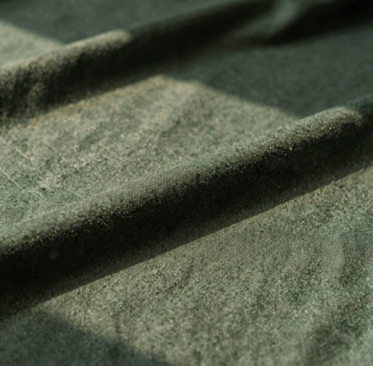 Close-up of premium dark green organic cotton fabric texture under soft warm afternoon sunlight, architectural shadows, editorial style
