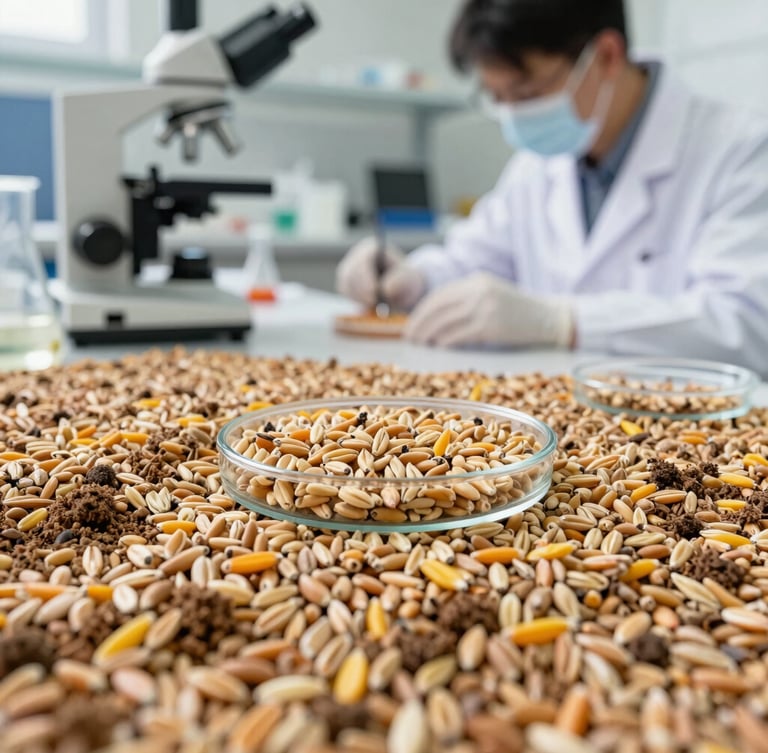 Scientist in a modern lab coat analyzing cereal grains in a petri dish under a microscope, bright, clean laboratory lighting, macro focus on the grains.