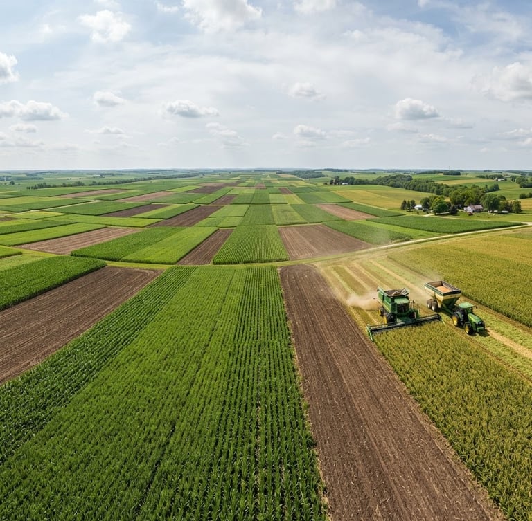 Wide panoramic view of vast, neatly patterned crop fields under bright natural daylight, modern harvesting machinery in the distance on the right third, rich soil tones and vibrant green crops, wide-angle lens.
