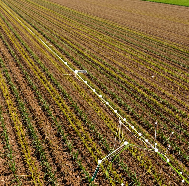 High-contrast image of a digital map overlaying a vast agricultural field, with data points and lines illustrating crop tracking and logistics pathways.