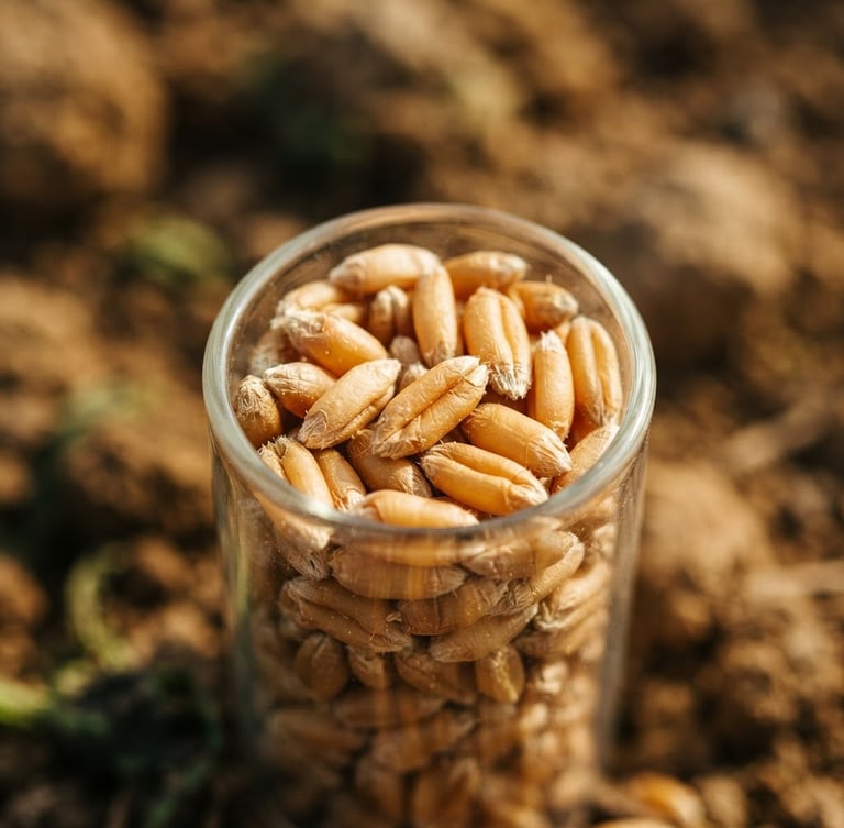 Macro shot of golden wheat grains in a testing vial, sharp focus on individual kernels, bright natural daylight, rich soil tones in background, wide-angle lens.