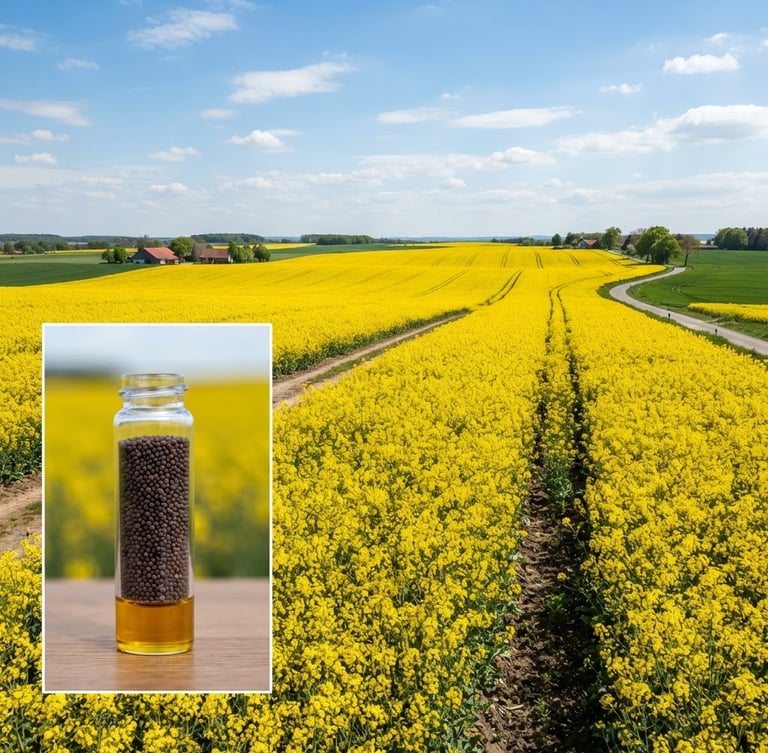 Wide panoramic view of vibrant yellow canola fields under bright daylight, with a close-up inset of harvested canola seeds in a testing vial, showing oil content analysis.