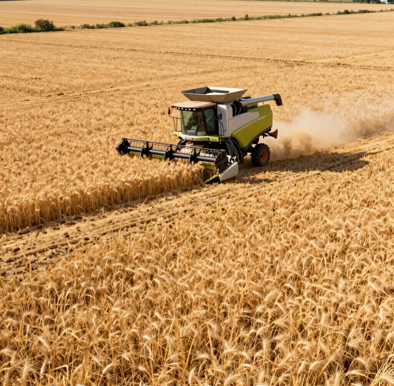 Wide-angle editorial shot of a modern high-capacity combine harvester working a vast, neatly patterned golden wheat field under bright morning daylight, rich soil tones