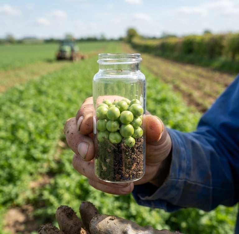 Macro close-up of vibrant green peas in a testing vial, sharp focus, bright natural daylight, rich soil tones, wide-angle lens, against a blurred background of expansive fields.