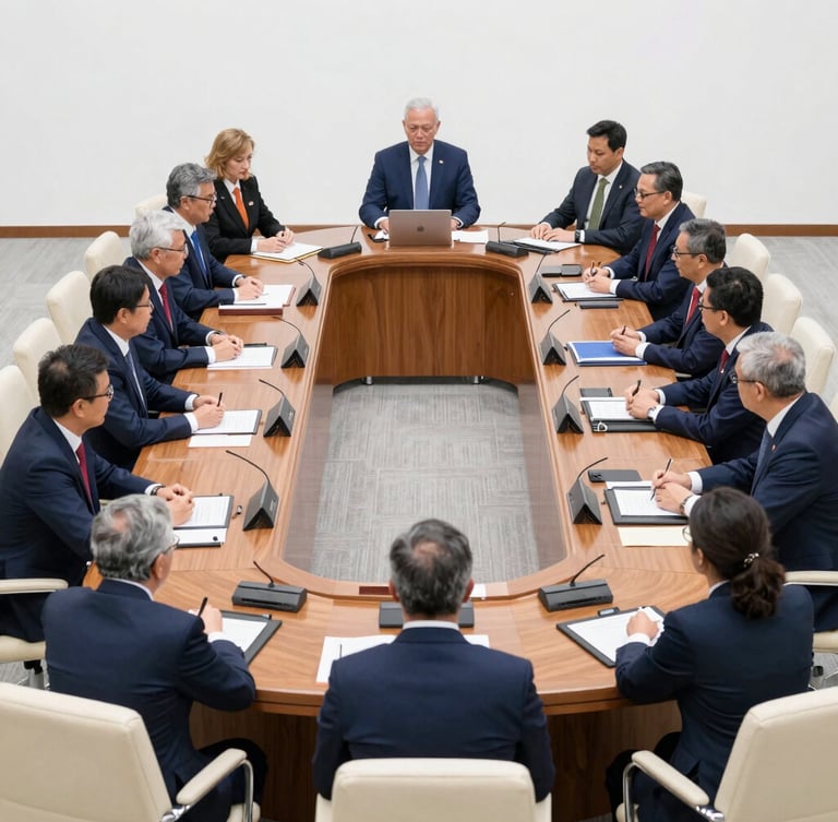 Wide environmental shot of a bilateral trade summit, professional delegates in navy suits seated at a structured mahogany conference table, bright daylight.