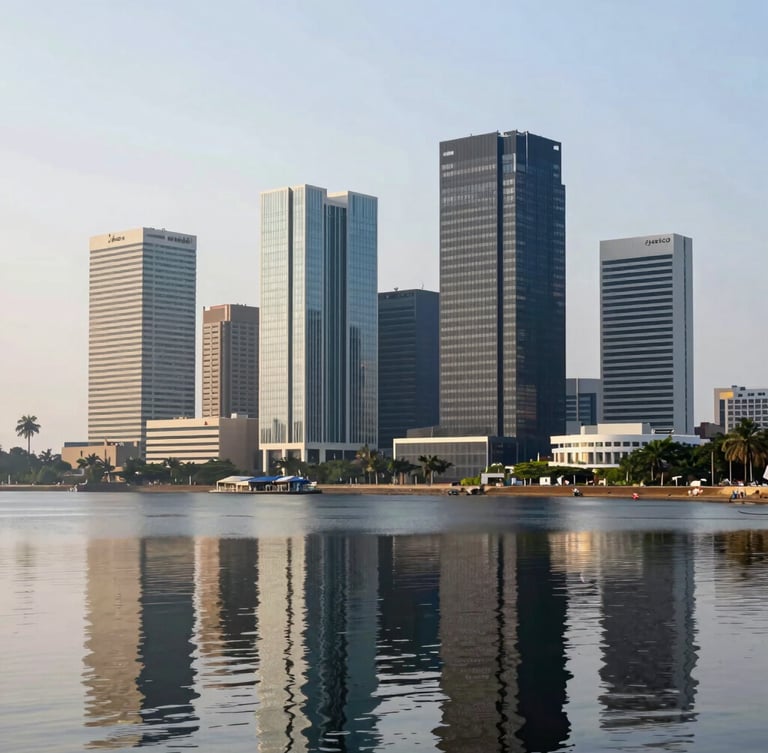 Architectural shot of modern Abidjan skyline reflecting in the Ebrié Lagoon, clean morning daylight, sharp lines.