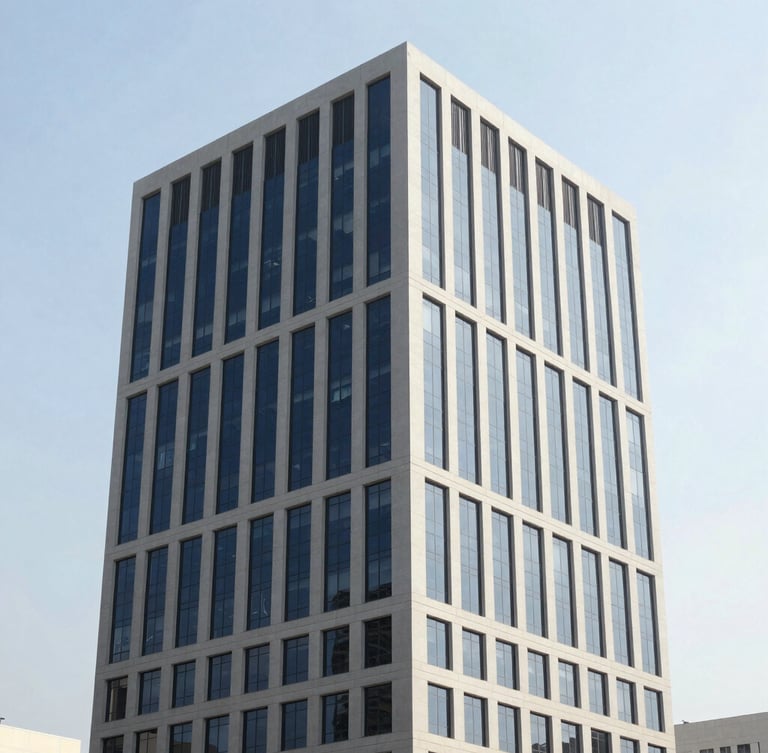 Modern office tower architecture in Abidjan, clean lines, bright daylight, professional corporate photography, 35mm lens