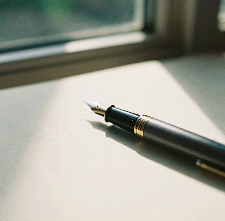 A close-up of a classic fountain pen resting on heavy cream paper, warm natural window light, soft shadows, shallow depth of field, 35mm film feel.
