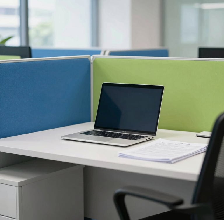 Bright editorial photography of a modern Indian office workspace, bright natural daylight, clean corporate blue and green tones, a neat desk with a laptop and documents, sharp focus, 35mm