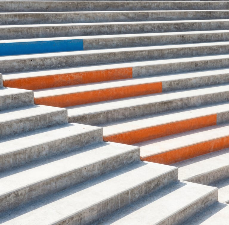 Abstract geometric pattern of concrete steps under harsh sunlight, strong diagonal shadows, bright daylight, architectural scale.