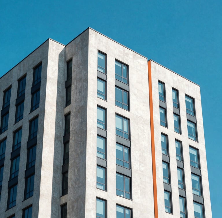 Bright architectural photography of high-altitude concrete and glass skyscraper corners under high-key natural daylight, sharp shadows, electric blue skies