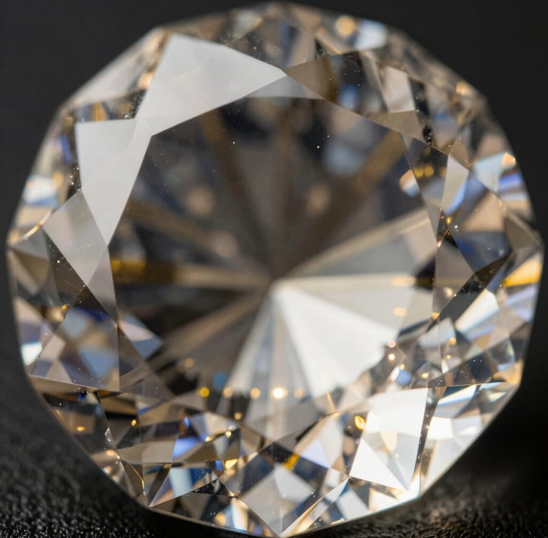 Extreme macro photography of diamond facets reflecting sharp white and champagne light, shallow depth of field, dramatic dark environment, luxury aesthetic, high contrast