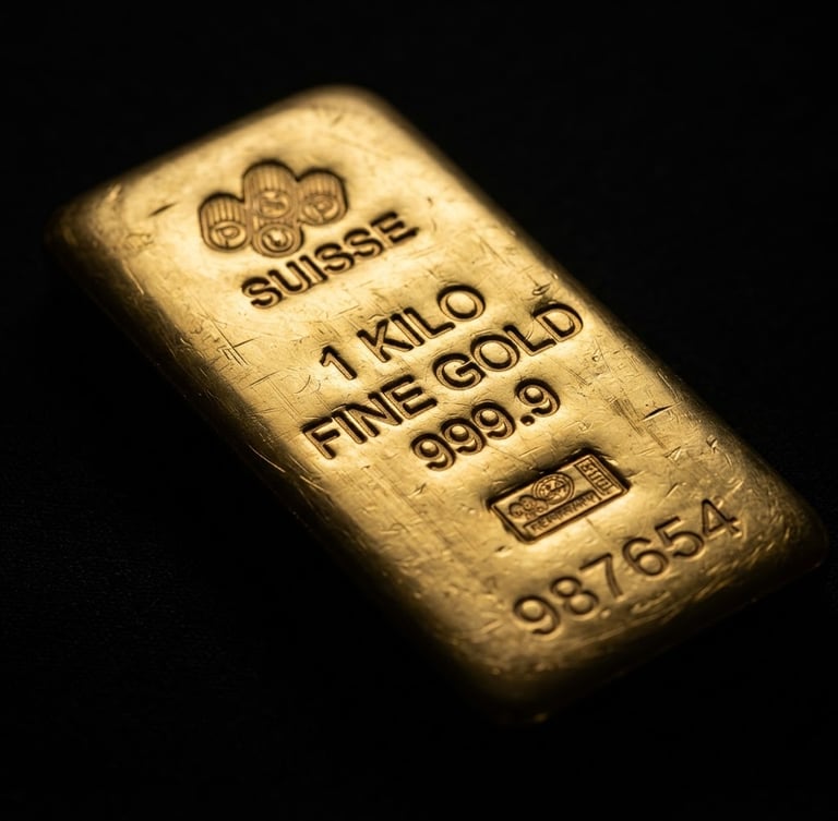 Macro close-up of a pure gold bullion bar showing certified stamps, dramatic low-key lighting, single-source directional light, sharp metallic reflections against a deep obsidian black background, 85mm lens