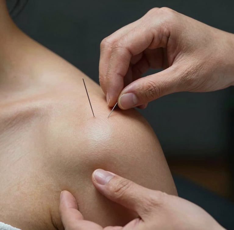 Close-up of hands-on physical therapy, precise placement of dry needles on a shoulder muscle under sharp clinical key light, dark background.