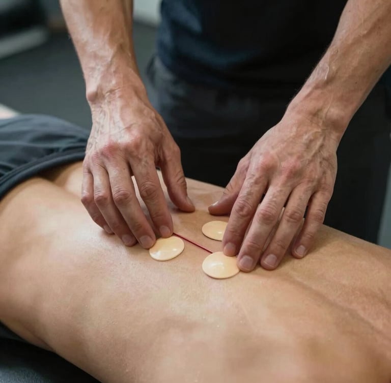 Close-up of a physiotherapist's hands placing anatomical markers on an athlete's lower back during a mobility assessment, sharp focus, dark background.
