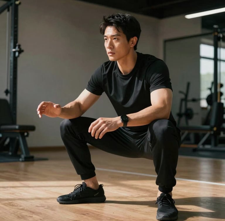 A professional physiotherapist in black athletic wear explaining a movement pattern on the gym floor, focused expression, dramatic side lighting