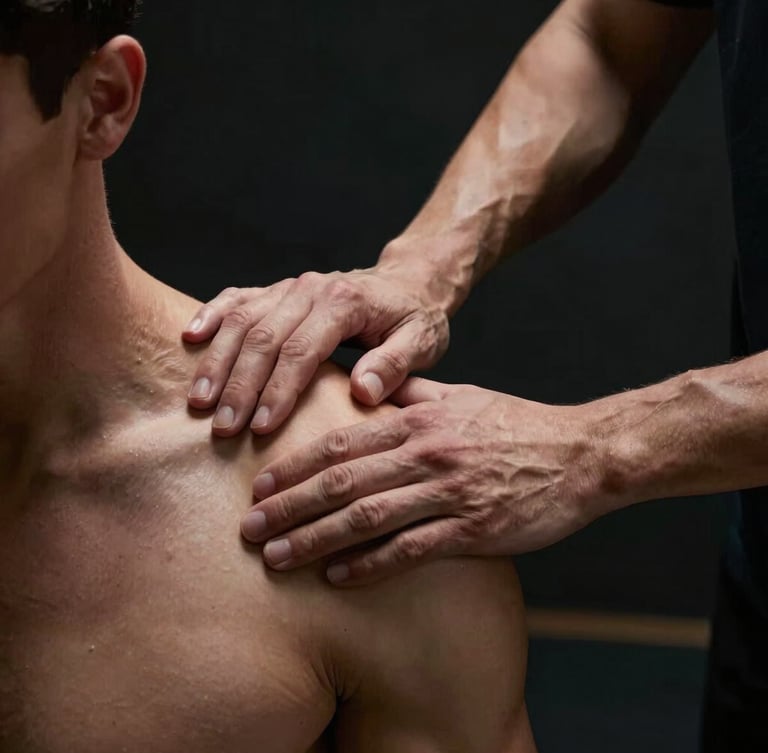 Dramatic low-key lighting on a physiotherapist's hands applying precise manual therapy to an athlete's shoulder, dark background, sharp key lights highlighting muscle definition and clinical focus.