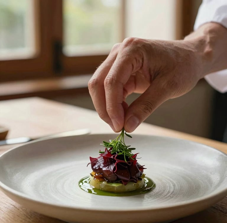 Close-up portrait of a chef carefully placing a delicate herb on a minimalist ceramic dish, soft natural window light, warm tones, shallow depth of field, rich textures