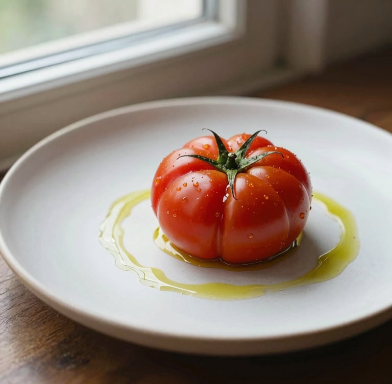 Close-up of a minimalist ceramic plate with a single heirloom tomato dish, drizzled with olive oil, soft natural side lighting from a window, warm editorial photography style, 35mm