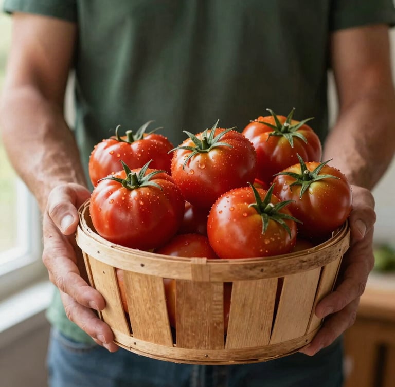 Close-up of a local farmer's hands holding a rustic wooden basket filled with fresh heirloom tomatoes, soft afternoon window light, warm editorial photography, shallow depth of field, 35mm
