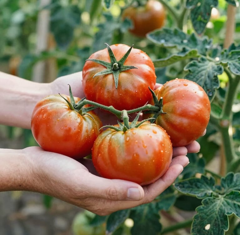 Close-up of hands holding fresh heirloom tomatoes in a sunlit organic farm, soft natural daylight, rich crimson and green tones, 35mm