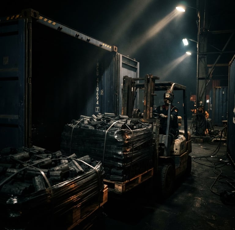 Dramatic low-key industrial photography of a shipping container being loaded with charcoal pallets at an Indonesian port, sharp side-lit studio shafts, high contrast
