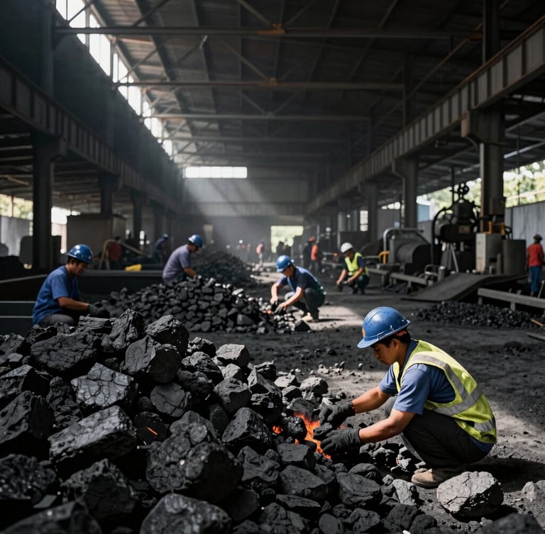 Wide environmental shot of an industrial charcoal sorting yard in West Java, workers in safety gear hand-sorting lump charcoal under sharp side-lit warehouse shafts.